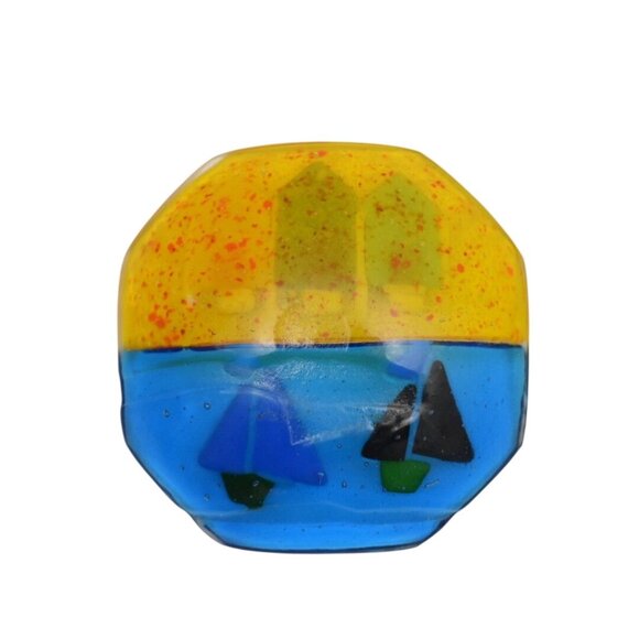 Hazel Millington Fused Glass Beach Scene Plate  Sailboats with Stand - Picture 2 of 4